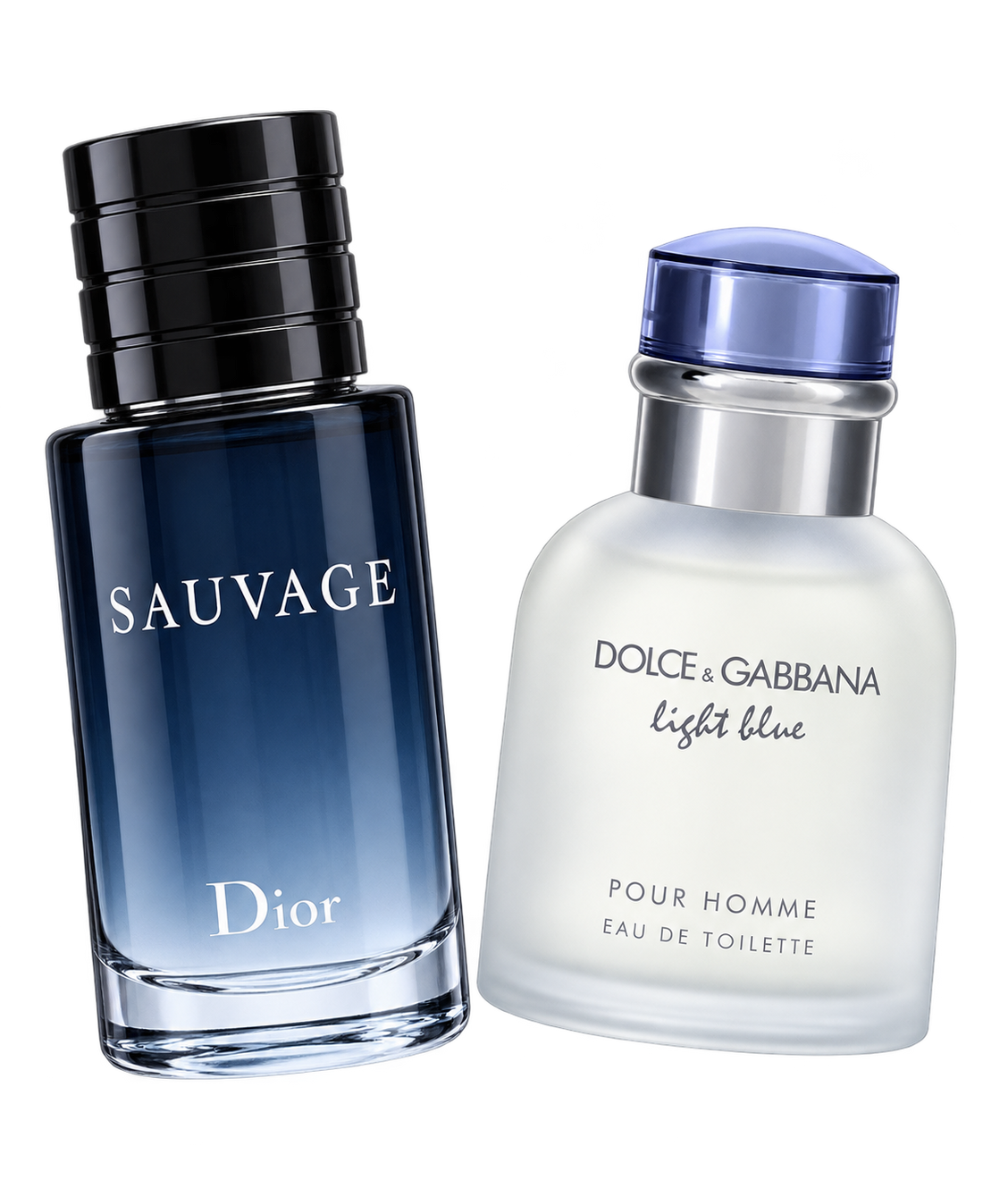 Dior Sauvage and Dolce & Gabbana Light Blue Pour Homme bottles