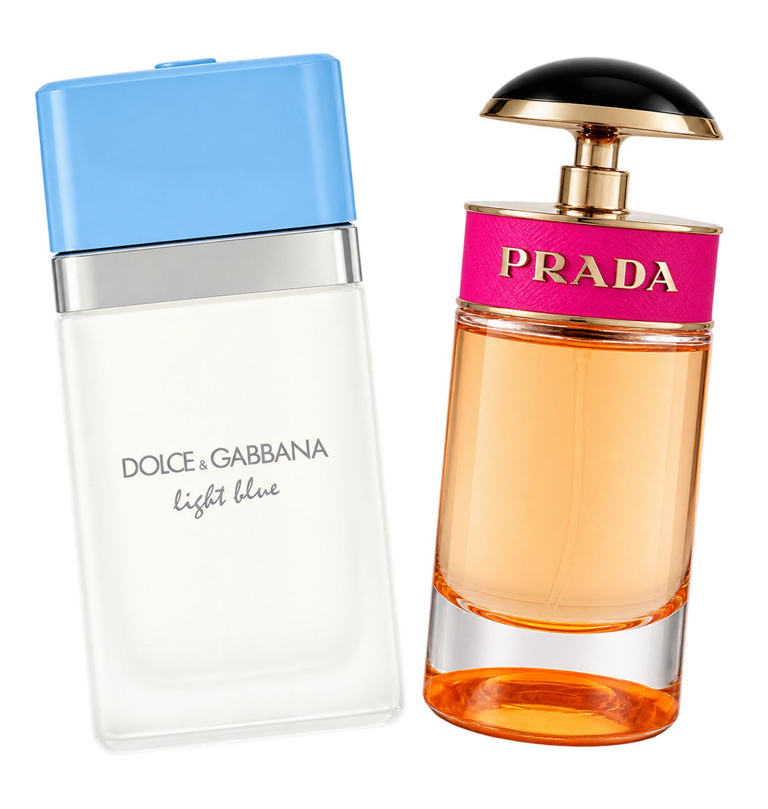 Dolce & Gabbana Light Blue and Prada Candy perfume bottles